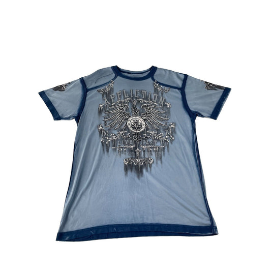 Mens Y2K Affliction Blue Oil Stain Winged Eagle Gothic Graphic T Shirt SIZE XL