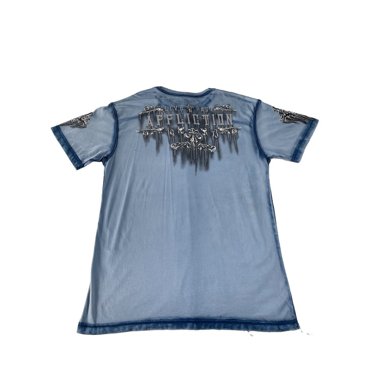 Mens Y2K  Affliction Blue Oil Stain Winged Eagle Gothic Graphic T Shirt SIZE XL