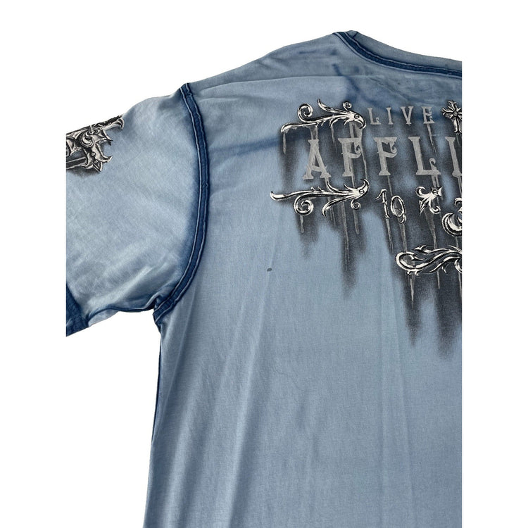 Mens Y2K  Affliction Blue Oil Stain Winged Eagle Gothic Graphic T Shirt SIZE XL