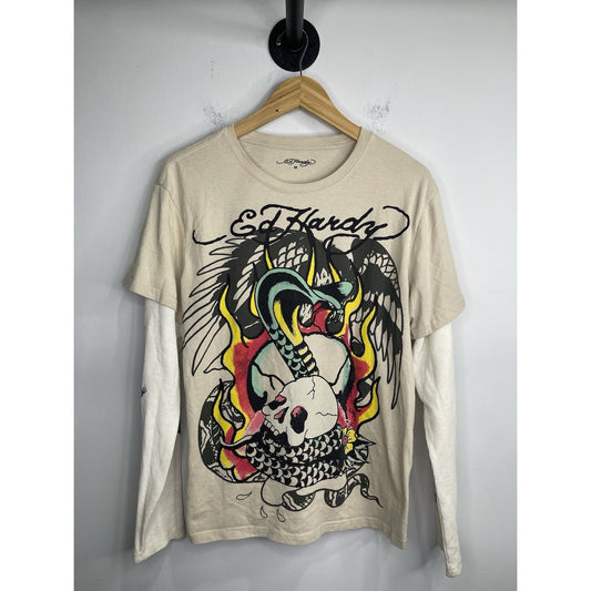 Men’s Vintage Y2K Ed Hardy Skull & Snake Graphic Beige Long Sleeve Sz M