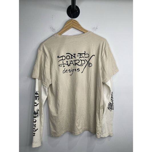 Men’s Vintage Y2K Ed Hardy Skull & Snake Graphic Beige Long Sleeve Sz M