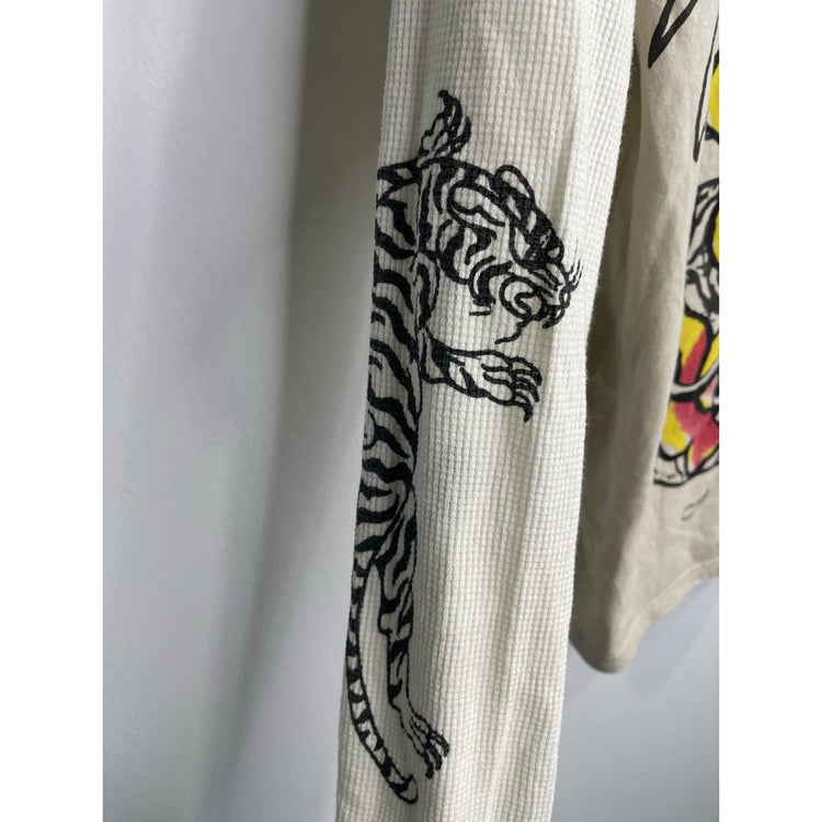 Men’s Vintage Y2K Ed Hardy Skull & Snake Graphic Beige Long Sleeve Sz M