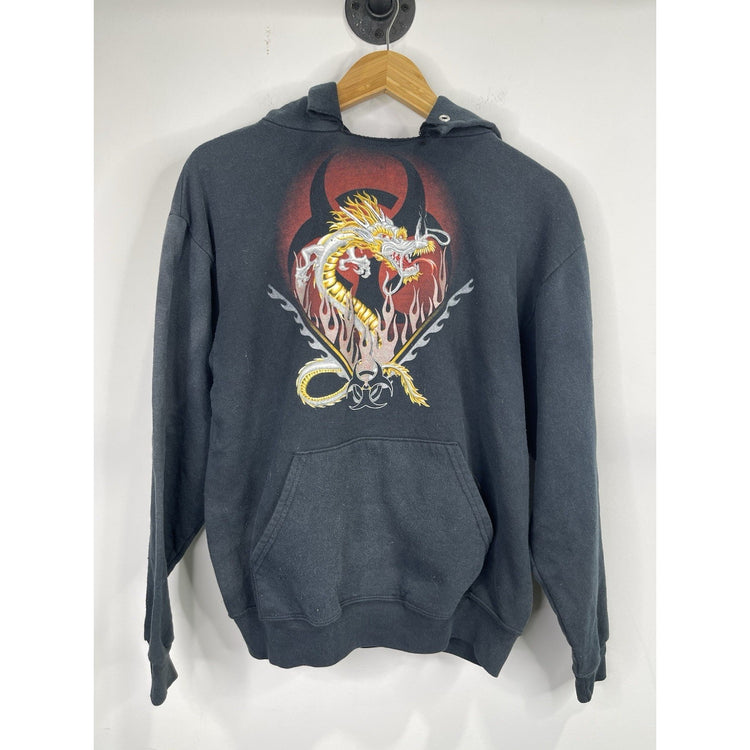 Men’s VTG Y2K Biohazard Dragon Graphic Black Hoodie Sz Medium
