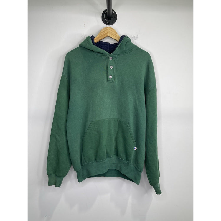 Men’s Vintage 90s Russell Athletic Henley Button Hoodie Green Sz XL