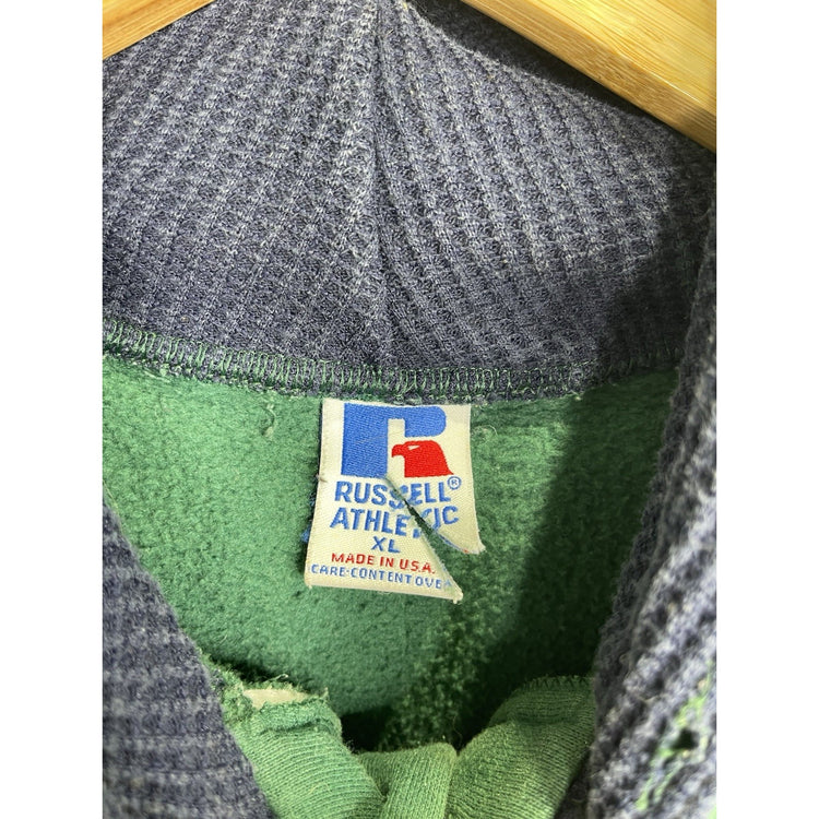 Men’s Vintage 90s Russell Athletic Henley Button Hoodie Green Sz XL