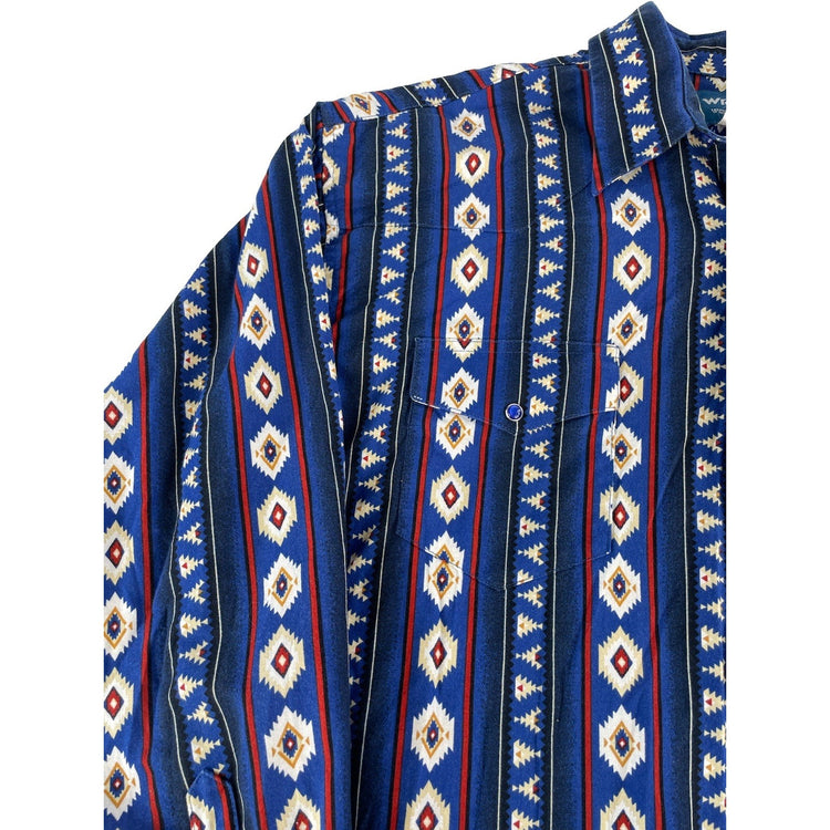 Mens Wrangler Western LongSleeve Pearl SnapDown Blue Geometric Shirt Size Xl