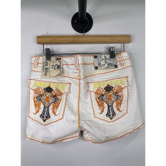 women’s y2k raw blue white denim jean shorts sz 9/10