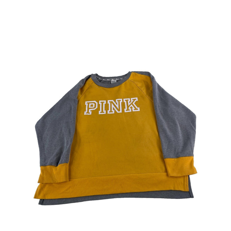 Womens Victorias Secret PINK | Yellow Grey Colorblock Graphic Sweatshirt Size Xl