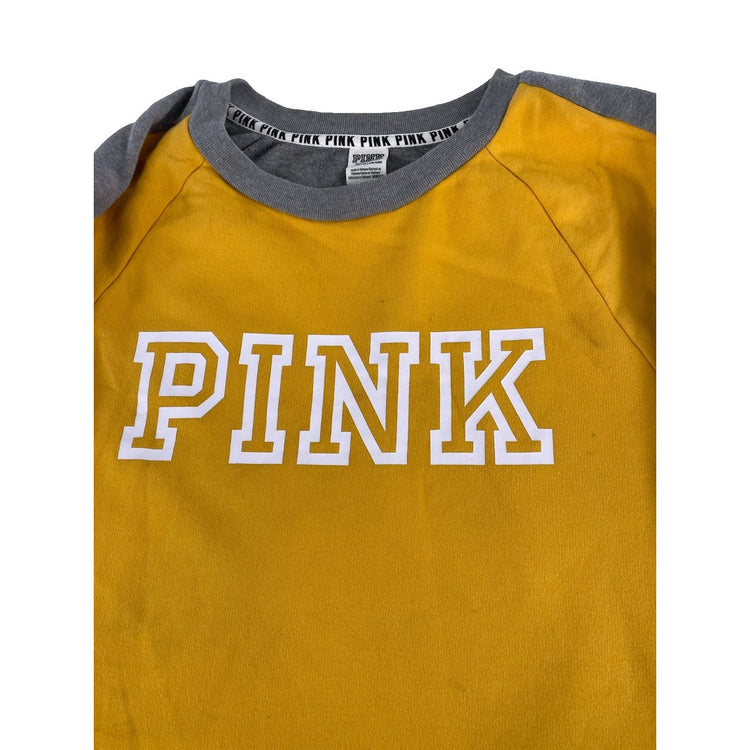 Womens Victorias Secret PINK | Yellow Grey Colorblock Graphic Sweatshirt Size Xl