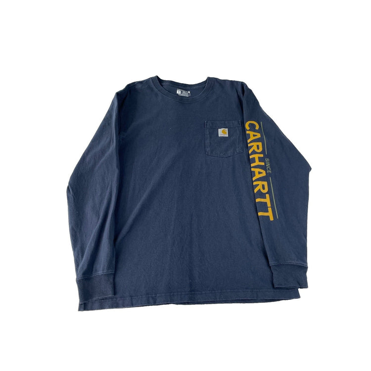 Mens Carhartt Navy Blue Long Sleeve Sleeve Logo Dog Shirt Loose Fit Size M