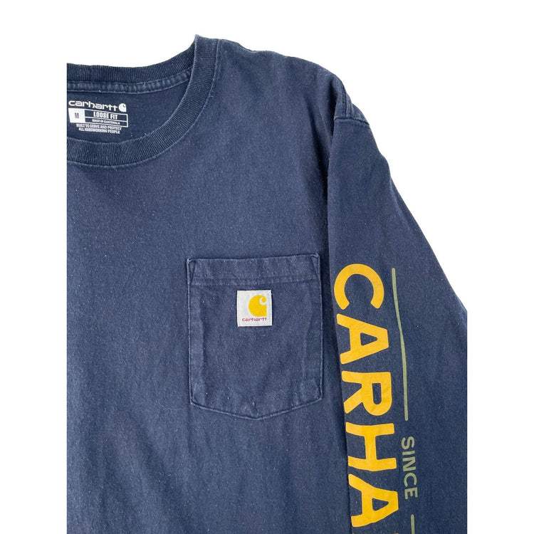 Mens Carhartt Navy Blue Long Sleeve Sleeve Logo Dog Shirt Loose Fit Size M