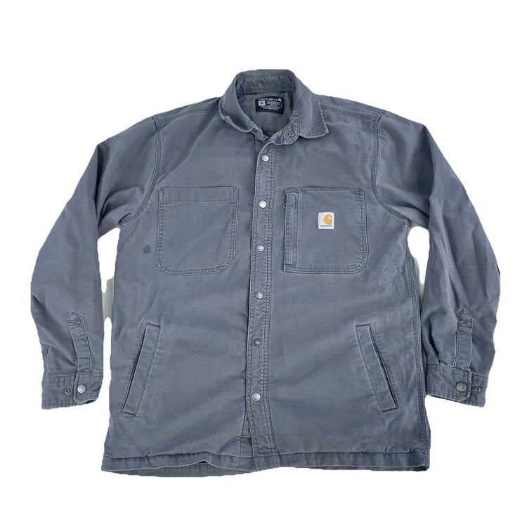 Mens Carhartt Gray Relaxed Fit Canvas Fleece Lined Button Up T Shirt Size Medium