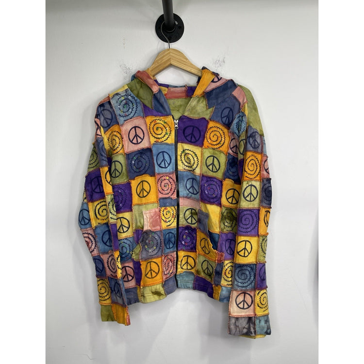 Women’s Hoodie Jacket Large Patchwork Zip Up Floral Bohemian Boho Chic Colorful