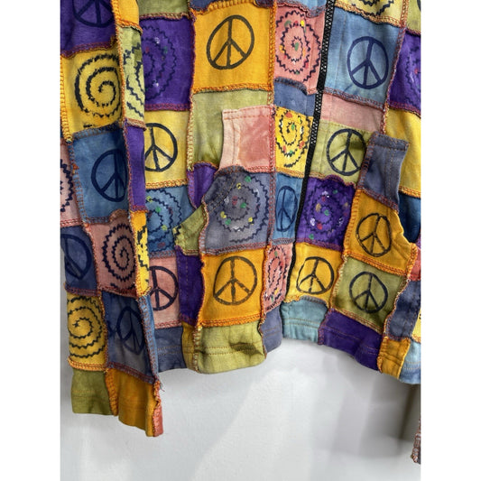 Women’s Hoodie Jacket Large Patchwork Zip Up Floral Bohemian Boho Chic Colorful