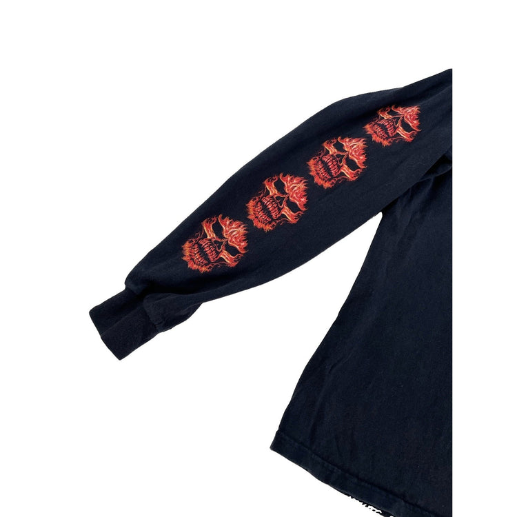 Mens Y2K Vintage Flaming Skull Graphic Print Long Sleeve Black T-Shirt Size Xl