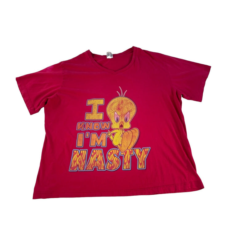 Womens Looney Tunes Tweety Bird I Know I'm Nasty V-Neck T-Shirt Red Size 2xl