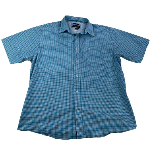 Mens Ariat Pro Series |Stretch|Teal Plaid Pattern Button Up Tee Size Xl