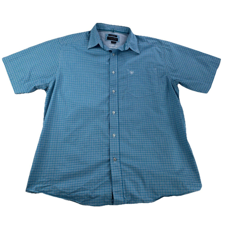 Mens Ariat Pro Series |Stretch|Teal Plaid Pattern Button Up Tee Size Xl