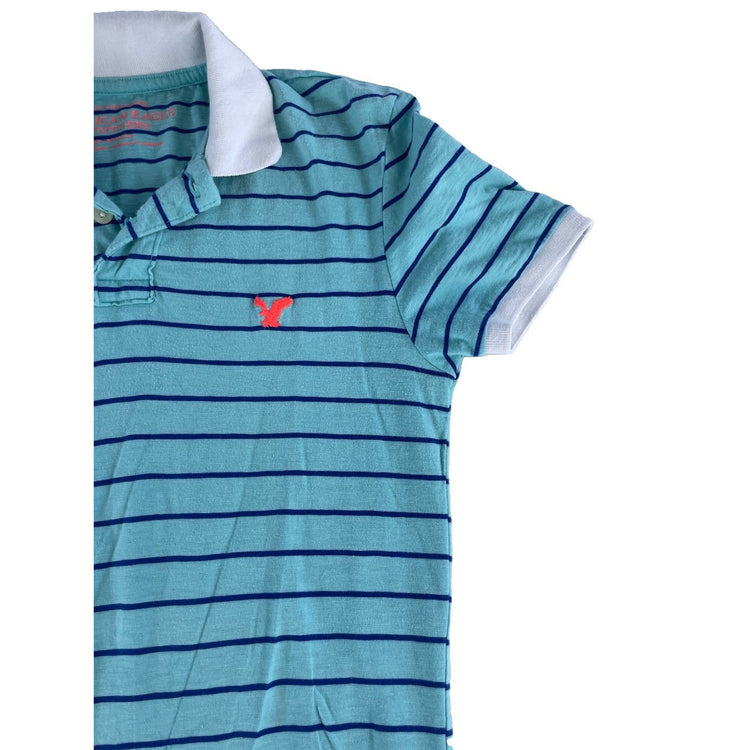 Womens American Eagle Outfitters Slim Fit Striped Polo Shirt Size XS Light Blue