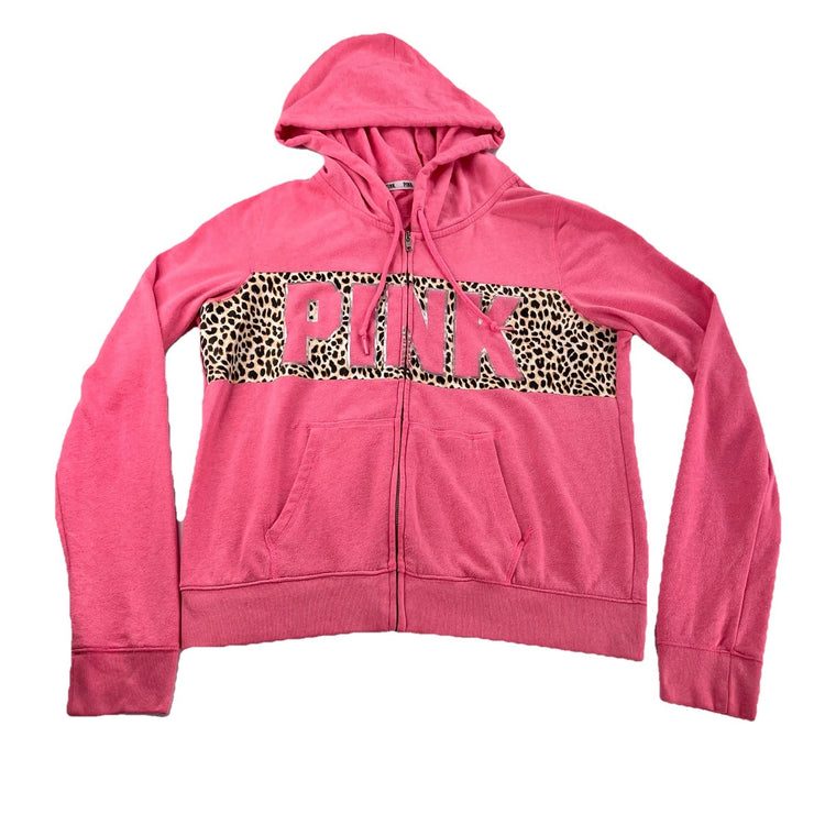 Womens Victoria’s Secret PINK Size Large Pink Zip Up Jacket With Leopard Print