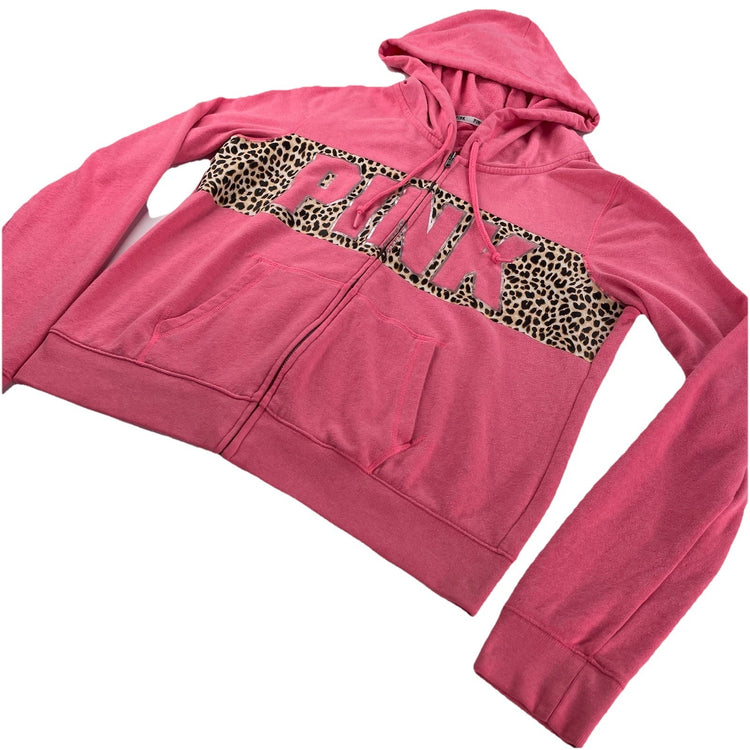 Womens Victoria’s Secret PINK Size Large Pink Zip Up Jacket With Leopard Print