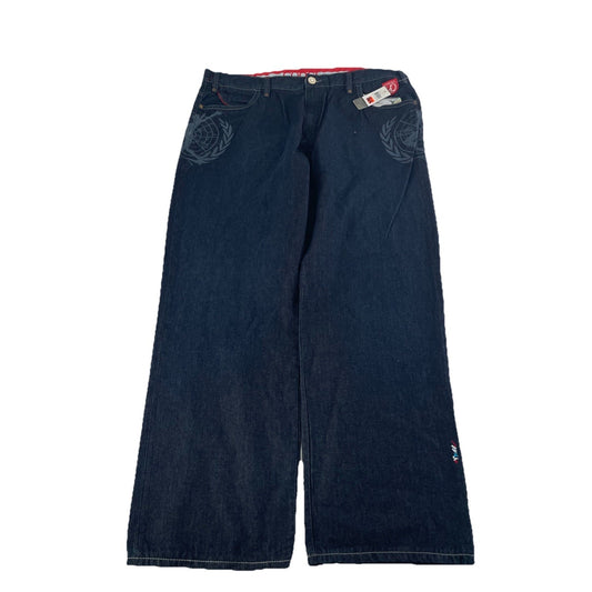 Mens Vintage COOGI Baggy Jeans Dark Wash World Map Flag Pockets Size 48x36