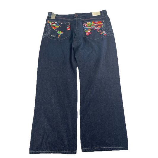 Mens Vintage COOGI Baggy Jeans Dark Wash World Map Flag Pockets Size 48x36