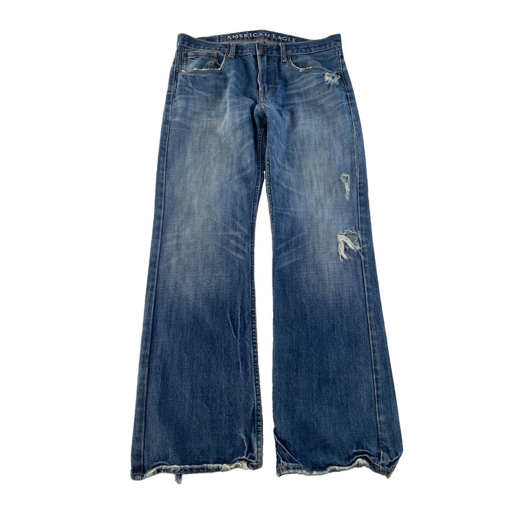 Mens American Eagle Low Rise Bootcut Jeans Blue Distressed Denim Size 34x32