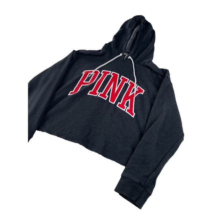 Womens Victoria's Secret PINK Dark Grey Cropped Pullover Hoodie Red Logo Size L