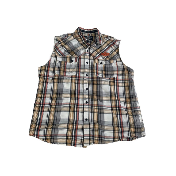 Men Harley Davidson Motorclothes Biker Multicolor Plaid Sleeveless Shirt Size Xl