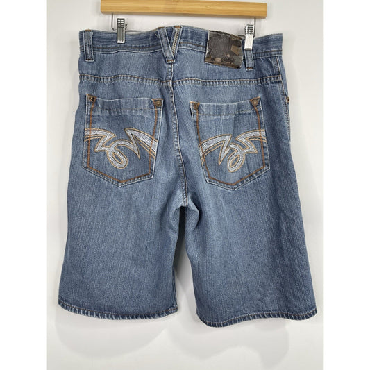 Men’s VTG Y2K 5ive Jungle & Co. Blue Denim Embroidered Shorts Sz 38x13