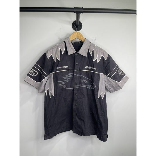 Men’s Harley Davidson Racing Black & Gray Eagle Parts Embroid Button Up Sz L