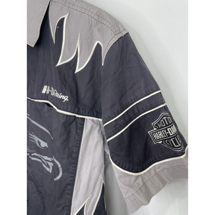 Men’s Harley Davidson Racing Black & Gray Eagle Parts Embroid Button Up Sz L