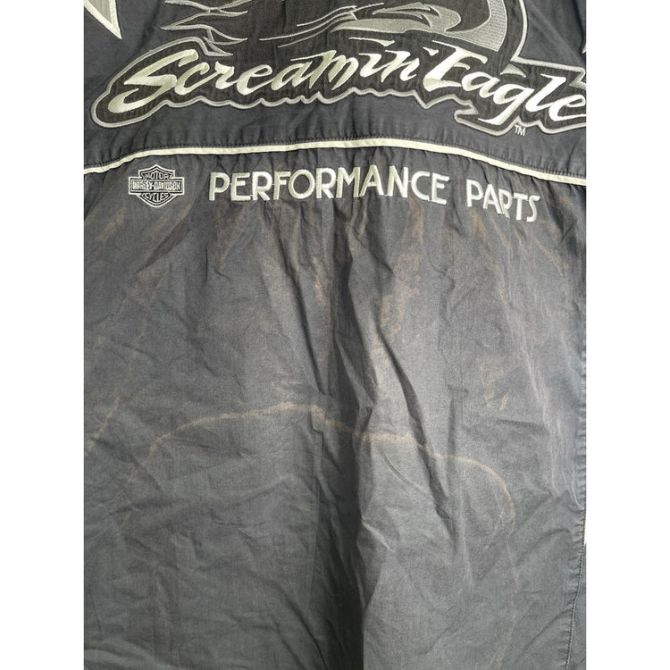 Men’s Harley Davidson Racing Black & Gray Eagle Parts Embroid Button Up Sz L