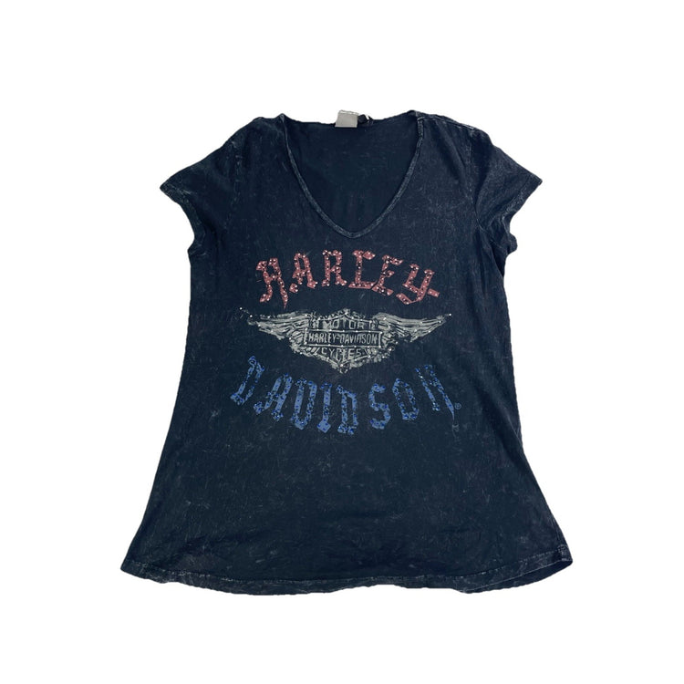 Womens Vintage Harley Davidson Acid Wash Embellished Tee Size Xl