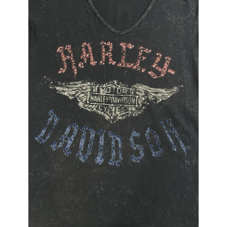 Womens Vintage Harley Davidson Acid Wash Embellished Tee Size Xl