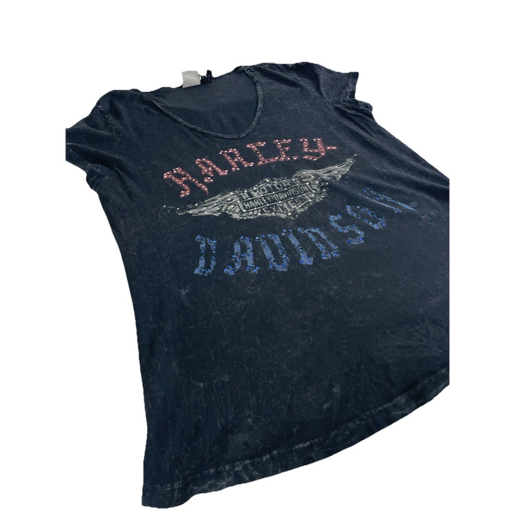 Womens Vintage Harley Davidson Acid Wash Embellished Tee Size Xl