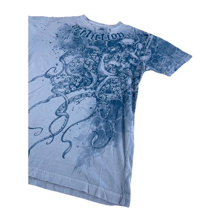 Mens | Affliction Live Fast | Aqua Blue Skull-Octopus Graphic Tee | Size L