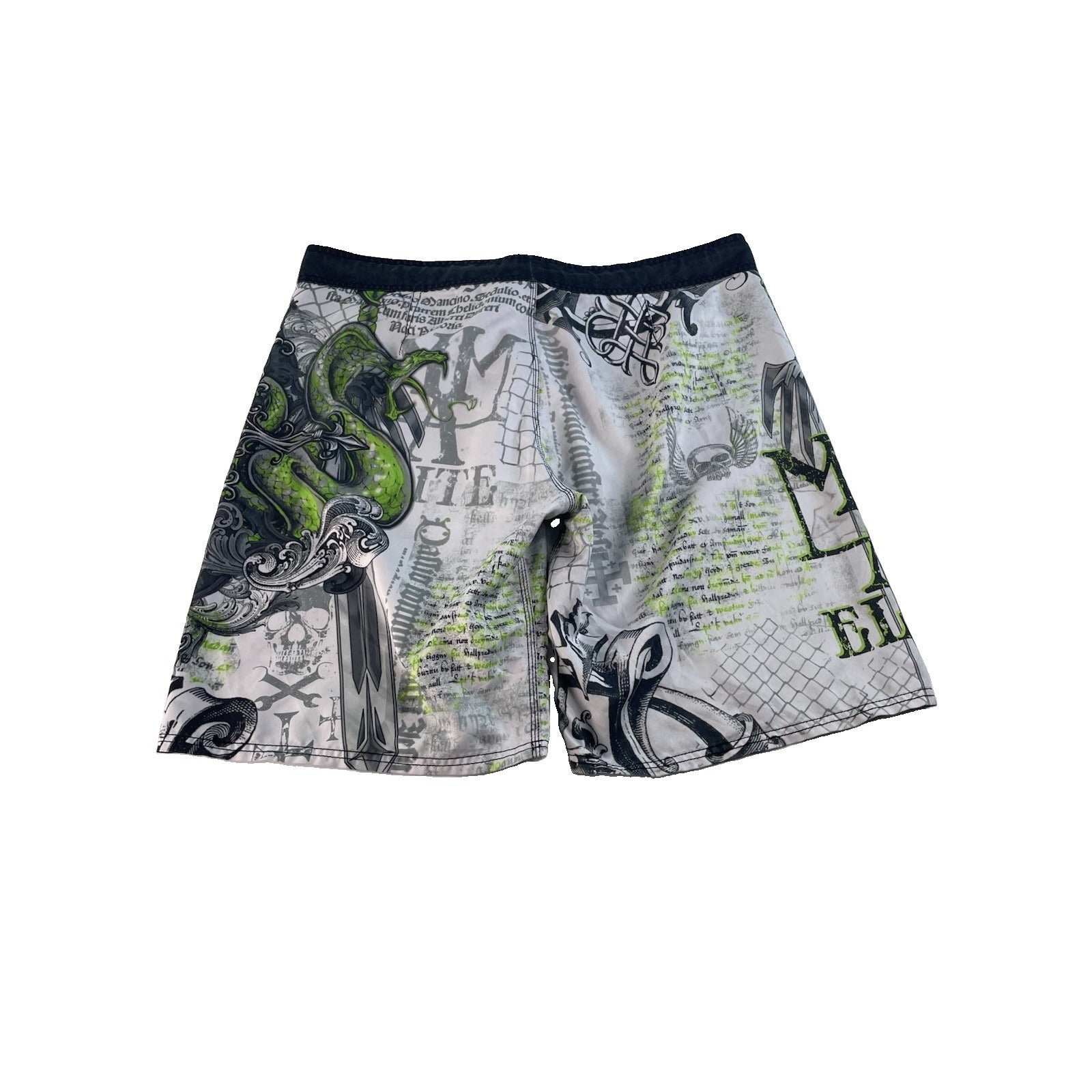Men's MMA Elite White Green Snake & Skull Graphic Board Shorts Size XL