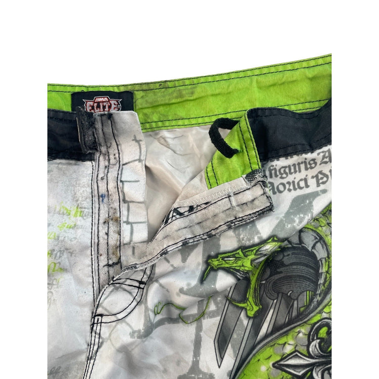 Men's MMA Elite White Green Snake & Skull Graphic Board Shorts Size XL