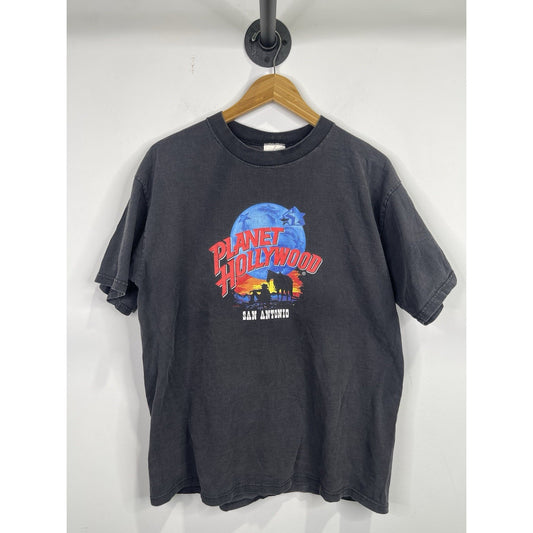 VINTAGE 1991 PLANET HOLLYWOOD SAN ANTONIO BLACK T SHIRT COWBOY WITH HORSE Large