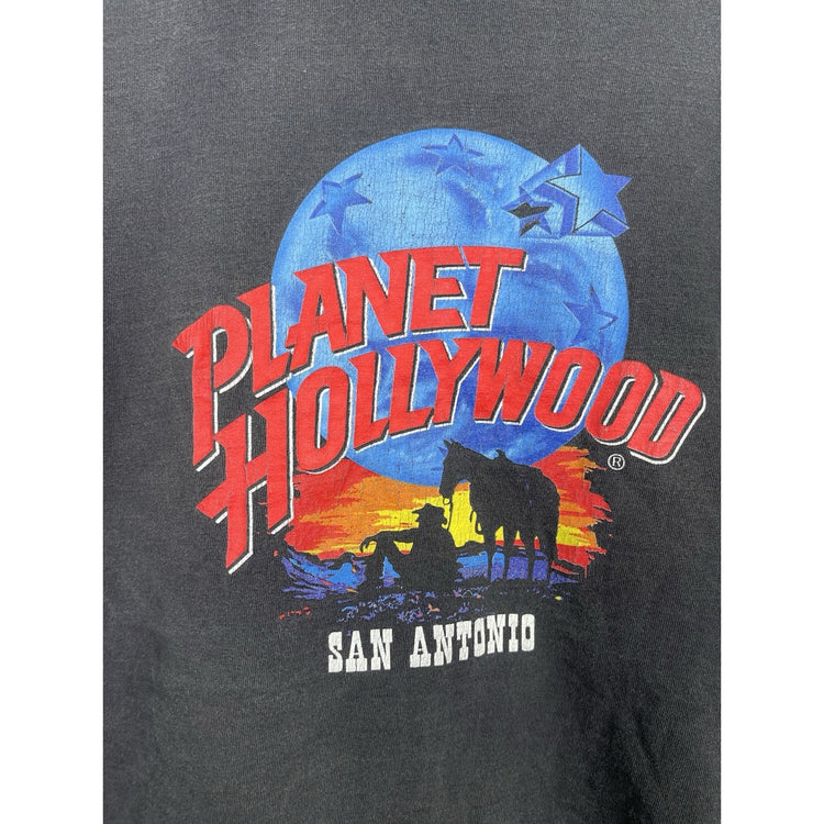 VINTAGE 1991 PLANET HOLLYWOOD SAN ANTONIO BLACK T SHIRT COWBOY WITH HORSE Large