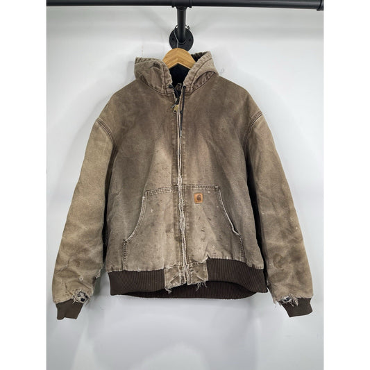 VTG Carhartt J130 CHT Fleece Lined Full Zip Distressed Hooded Jacket Brown XL