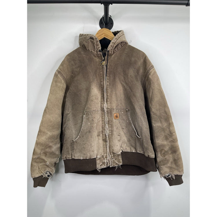VTG Carhartt J130 CHT Fleece Lined Full Zip Distressed Hooded Jacket Brown XL