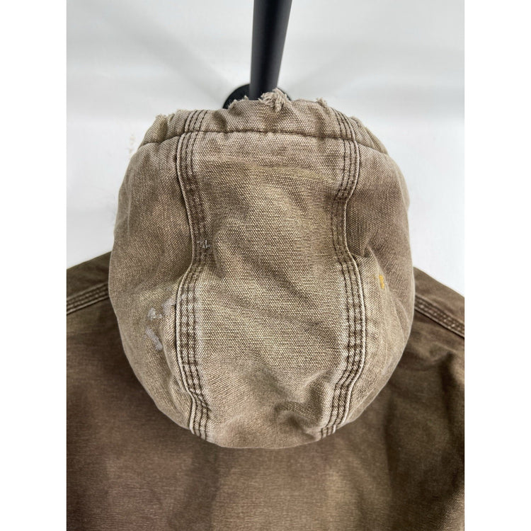 VTG Carhartt J130 CHT Fleece Lined Full Zip Distressed Hooded Jacket Brown XL