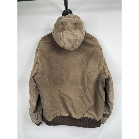 VTG Carhartt J130 CHT Fleece Lined Full Zip Distressed Hooded Jacket Brown XL