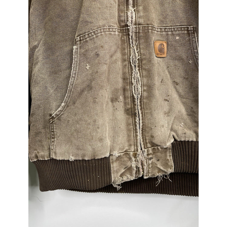 VTG Carhartt J130 CHT Fleece Lined Full Zip Distressed Hooded Jacket Brown XL