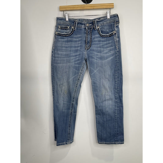 Women’s Y2K Blue Miss Me Jeans Boyfriend Capri Rhinestone Pockets 30x25