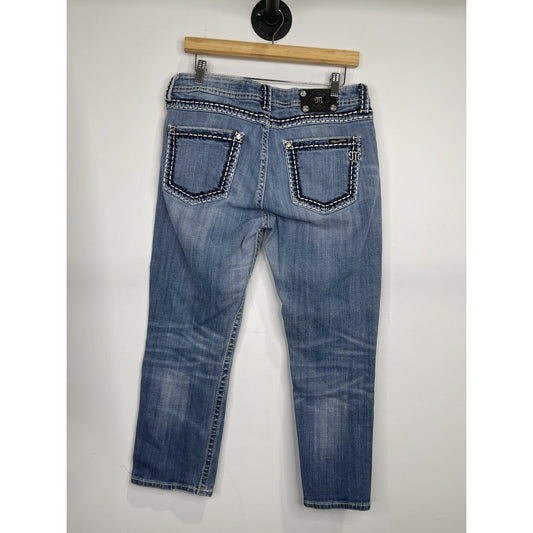 Women’s Y2K Blue Miss Me Jeans Boyfriend Capri Rhinestone Pockets 30x25