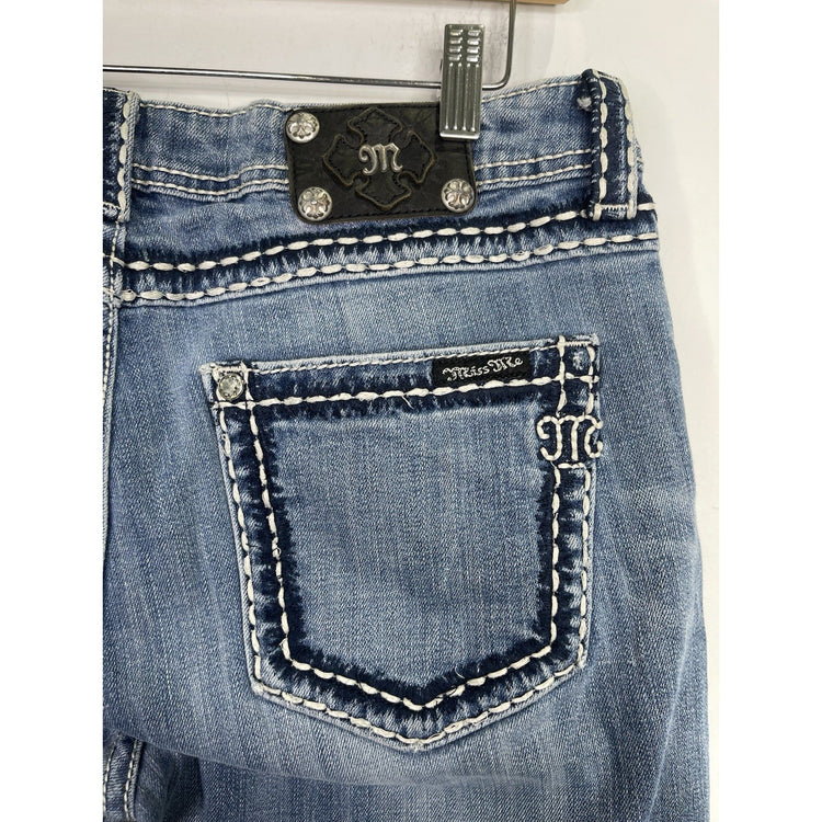 Women’s Y2K Blue Miss Me Jeans Boyfriend Capri Rhinestone Pockets 30x25